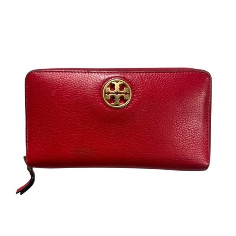 Tory Burch Red Pebbled Leather Britten Zip Around Continental Wallet Elevated